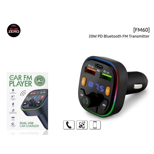 Subzero Bluetooth/USB FM 20W PD RGB Transmitter FM60