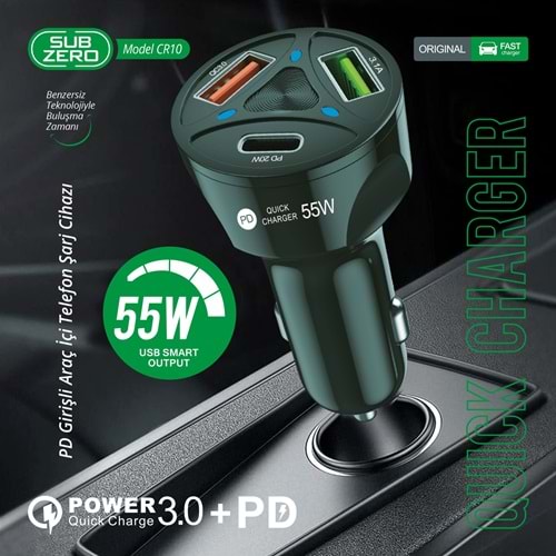 Subzero CR10 55W 3.0A PD+Çift Çıkışlı Araç Şarj Başlığı
