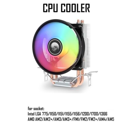 Versatile Kule Tipi Rainbow Gaming İşlemci Fanı 2 Bakır Kanallı CPU Fan Soğutma Sistemi K200