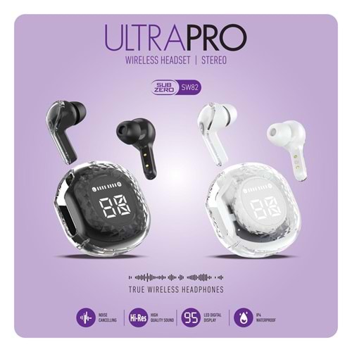 Subzero Ultrapro SW82 Kulak İçi Tws Bluetooth Kulaklık Led Göstergeli Wireless V5.3 Siyah/Beyaz