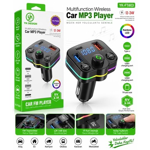 YK Design FT-603 Araç Fm Transmitter Bluetooth Usb Mp3 Sd Kart PD TypeC Şarj
