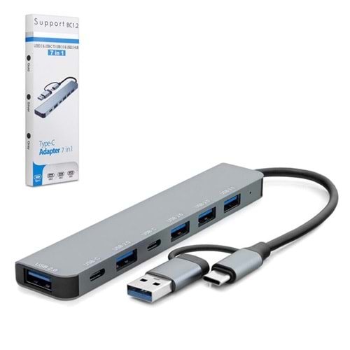 GABBLE GAB-TY701 Type-c Hub 2*type-c 4*usb3.0 7ın1 Gri
