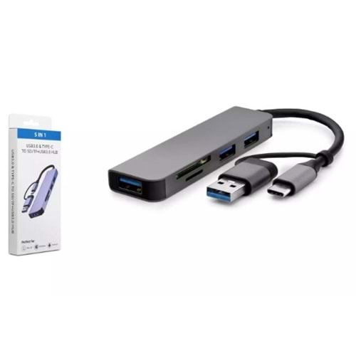 GABBLE GAB-UY255 Type-C Hub Combo 3*Usb3.0 +Sd+TF 5in1 GRİ