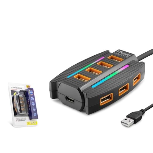 Hadron HDX7036 Usb 2.0 10 Port 7 Renk Led Usb Çoklayıcı 1.2 Metre