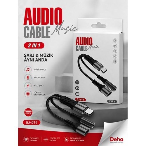Hadron Gj-014 Type-C To Type-C + 3.5Mm F Kablo Audio Siyah