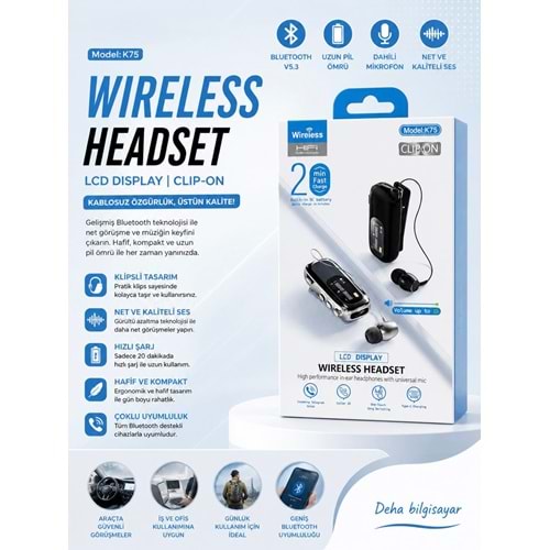 YK Design K75 Digital Göstergeli 20saat Makaralı Bluetooth 5.3 Kulaklık