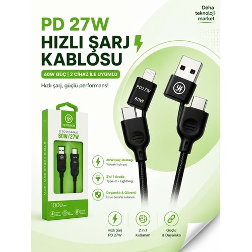 Yk Desıgn YK-K310 4in1 Type-c 60W to USB-A + Type-c to Lightning 27W Hızlı Şarj Kablosu