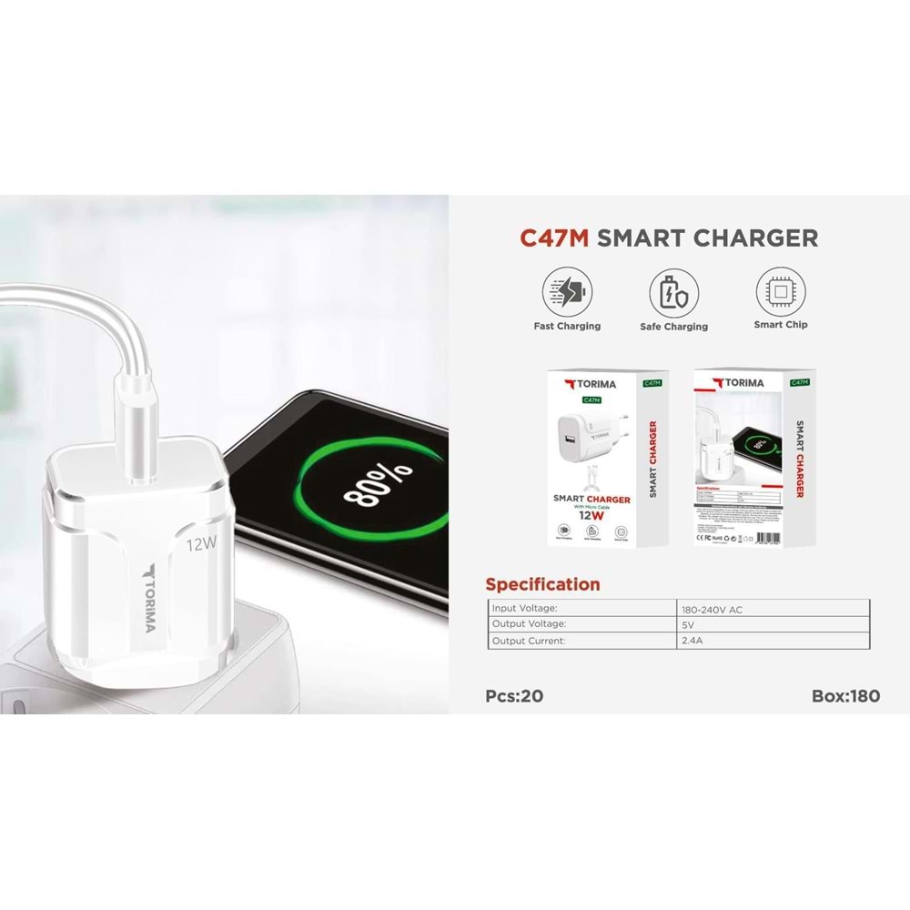 Torima C47M 12W 2.4A Micro Ev Şarj Aleti