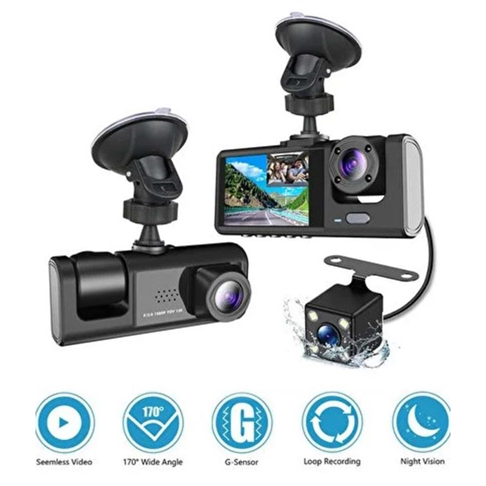 Carboon T717 Araç İçi Kamera 1080P+720P Full Hd Ön,arka ve Iç Kayıt 3 Kamera Gece Görüşlü