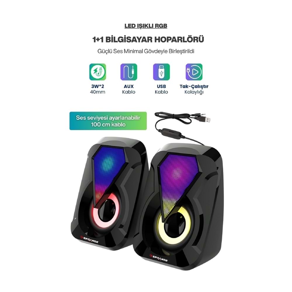 Sprange SR-PN785 3W*2 USB 2.0 + 3.5mm 5V Hoparlör Siyah