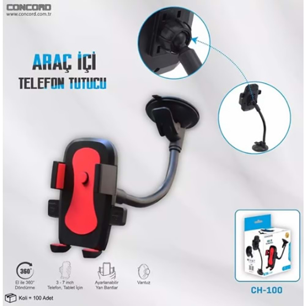 Concord CH-100 Cam Vantuzlu Araç Telefon Tutucu