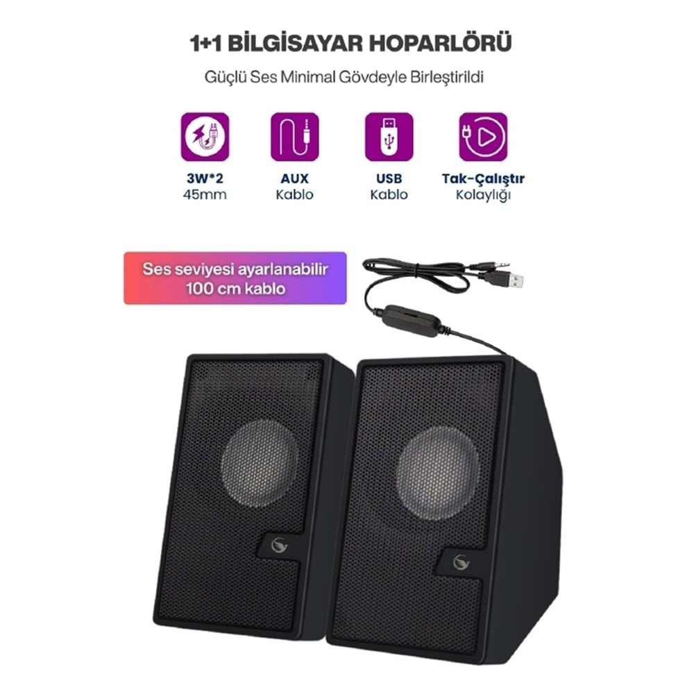 Sprange SR-PN784 3W*2 USB 2.0 + 3.5mm USB 5V Hoparlör Siyah