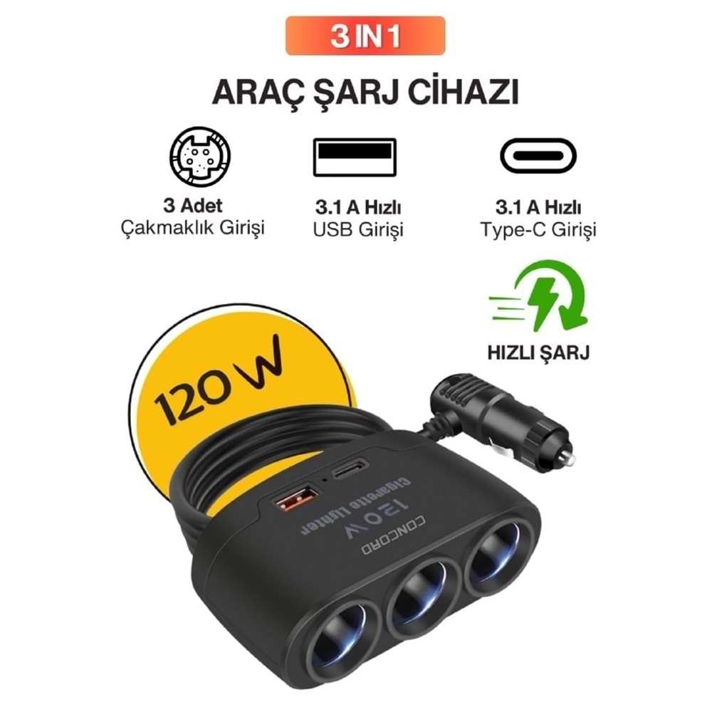 Concord C-778 120W 3.1A Usc-C 3in1 Araç Çakmaklık Çoklayıcı