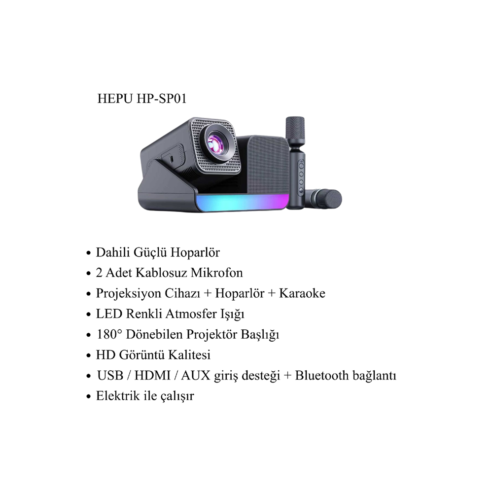 HEPU HP-SP01 – 3’ü 1 Arada Ev Sineması & Karaoke Projeksiyon (2 Mikrofon + Hoparlör Entegre)