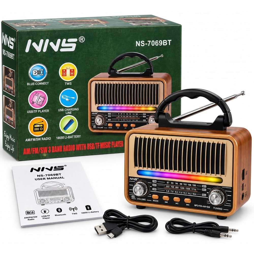 NNS NS-7069BT Usb/Sd Mp3 Çalar Bluetooth Şarjlı Nostaljik Radyo
