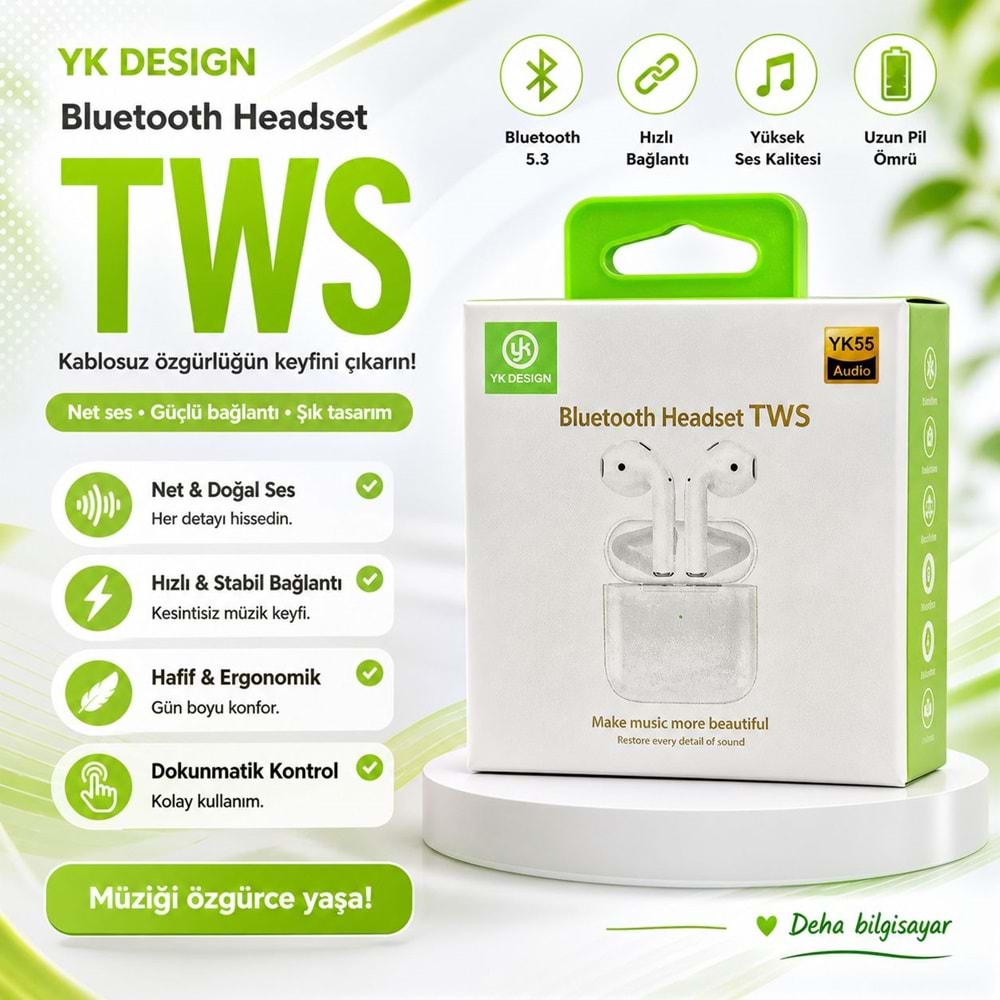 Yk desıgn YK55 Yeni Nesil Beyaz Bluetooth Kulaklık