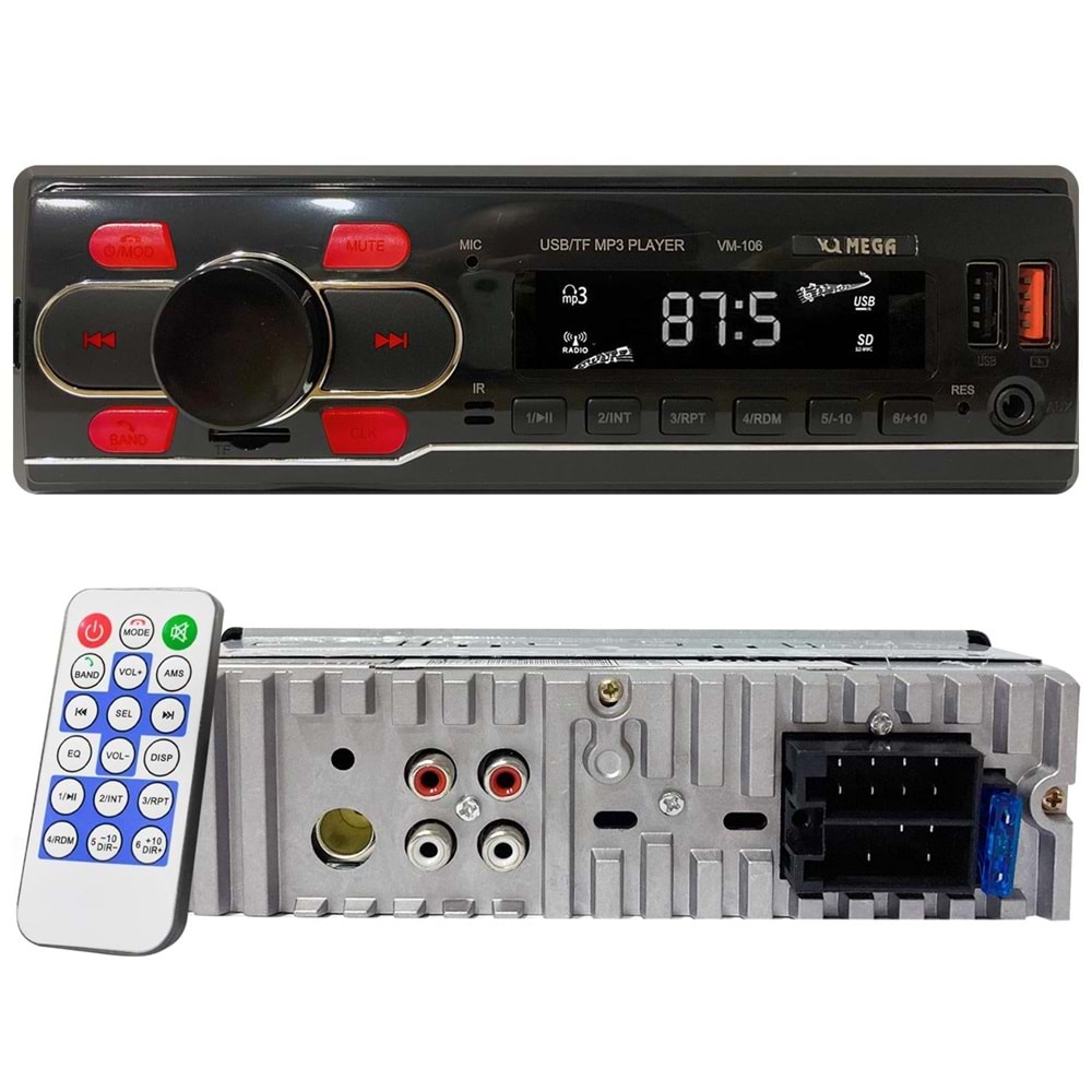 MEGA VM-106 Oto Teyp 4X50 Watt Bluetooth 2xUsb Sd Fm Aux 7 Renk